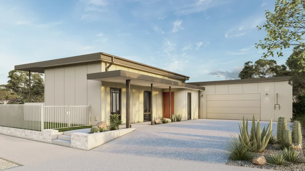 Street elevation of Project Harwood showing flat roof entry canopy, warm timber front door, and gravel driveway with desert landscaping in Dunsborough WA