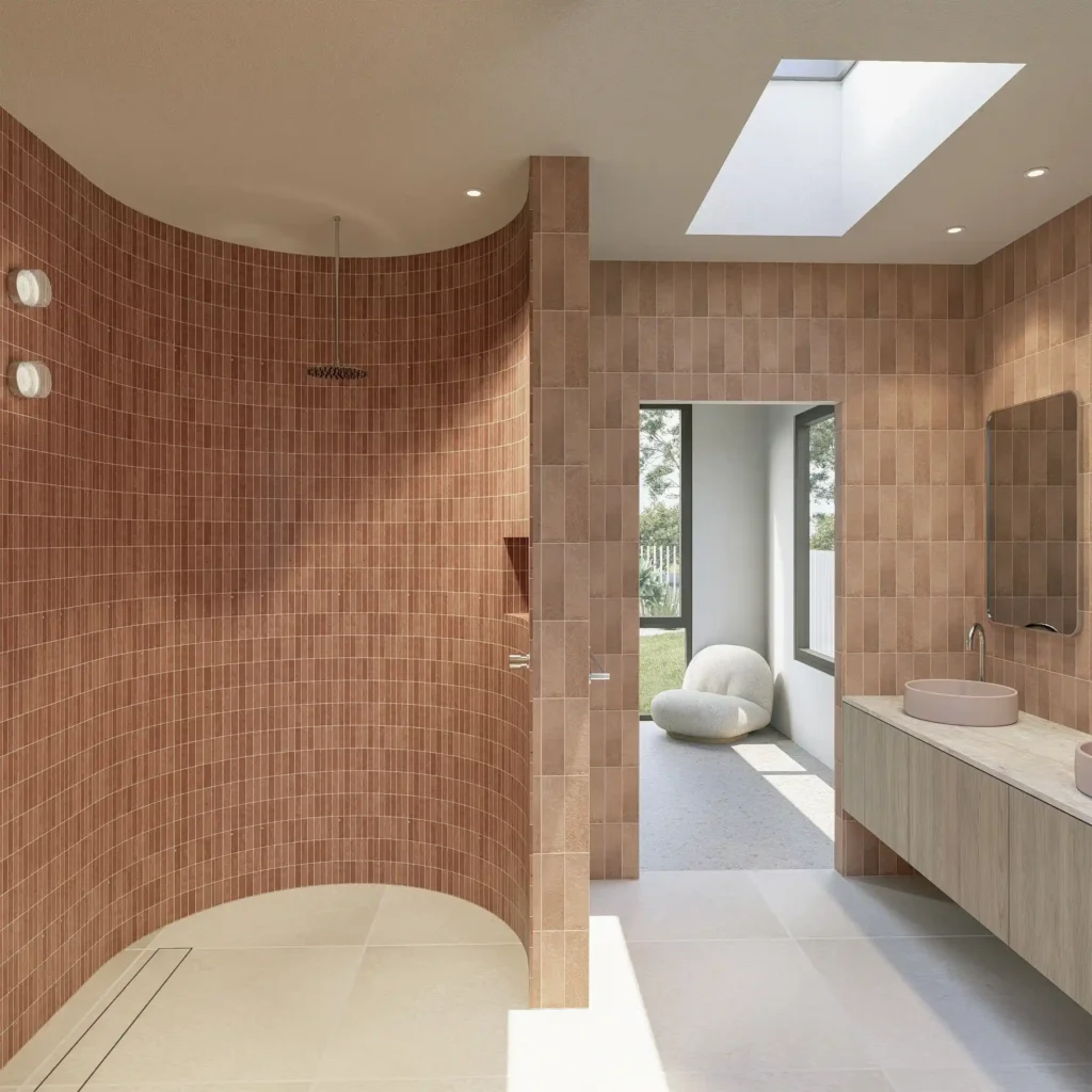 Master ensuite in Project Harwood with curved terracotta-tiled shower wall, skylight, timber floating vanity with vessel basin, and open walkthrough to adjoining room in Cape Rise, Dunsborough WA